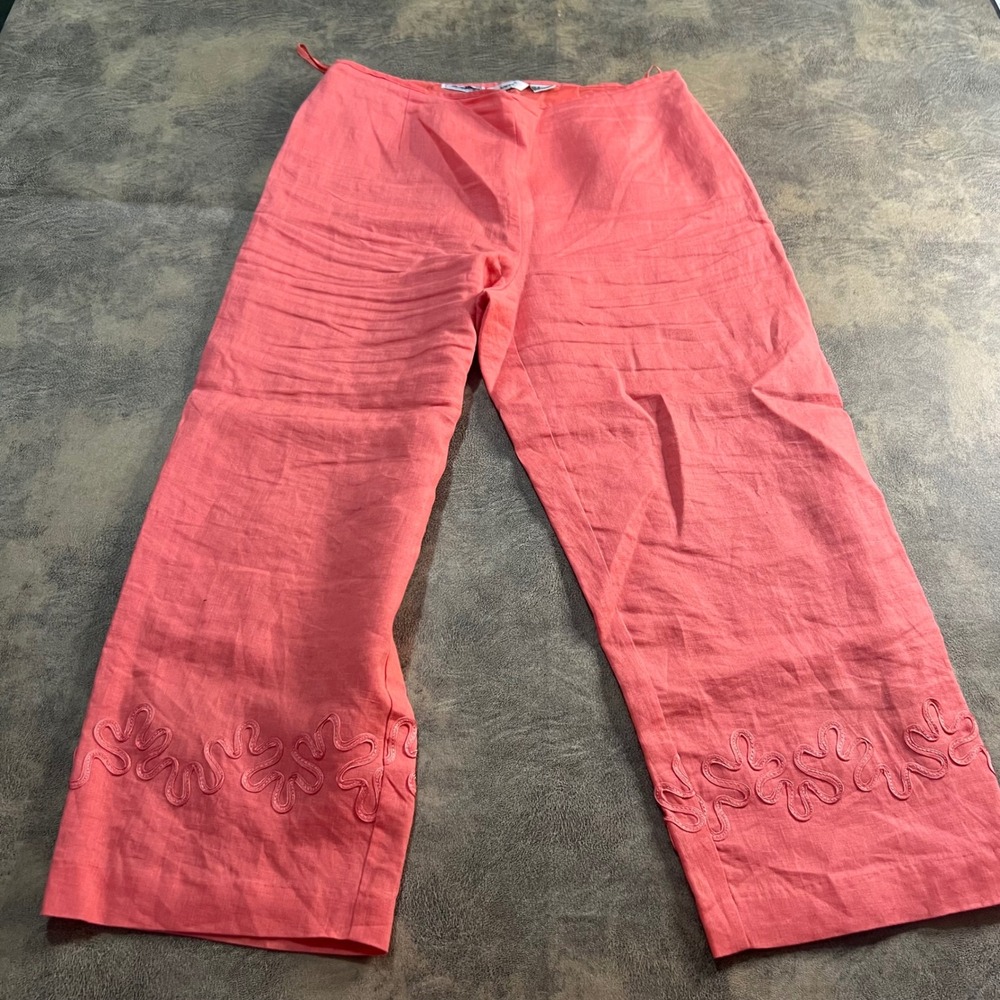 Edward Irish Linen Cropped Pants Womens Size 8 Coral Pink Soutache Embroidered
